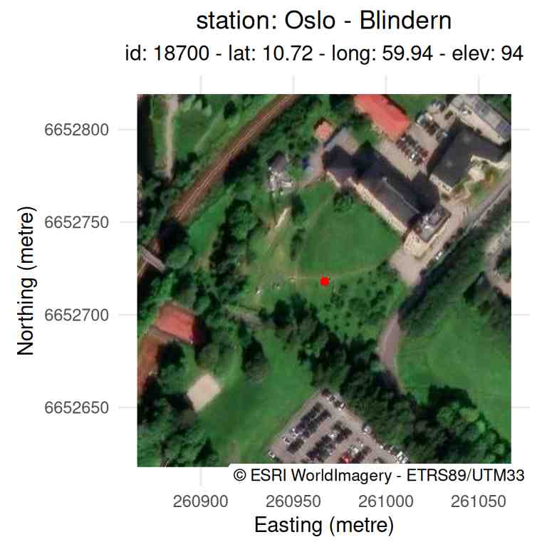 A satellite image with the station location as a red dot.